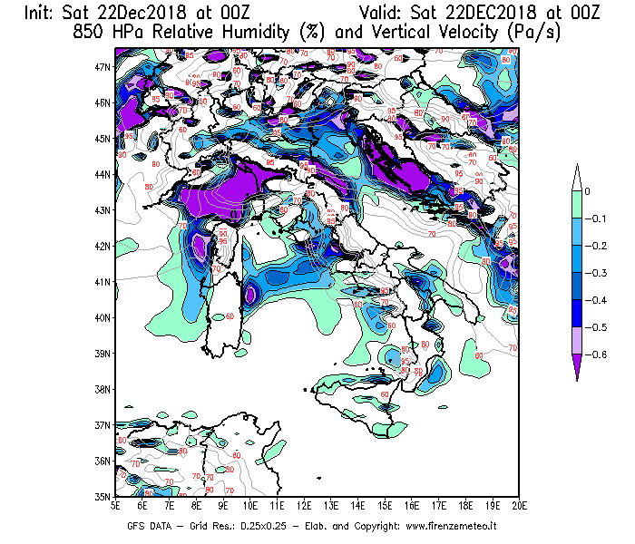 Mappa di analisi GFS - Umidità relativa [%] e Omega [Pa/s] a 850 hPa in Italia
									del 22/12/2018 00 <!--googleoff: index-->UTC<!--googleon: index-->