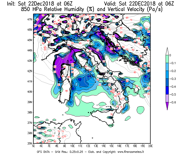 Mappa di analisi GFS - Umidità relativa [%] e Omega [Pa/s] a 850 hPa in Italia
									del 22/12/2018 06 <!--googleoff: index-->UTC<!--googleon: index-->
