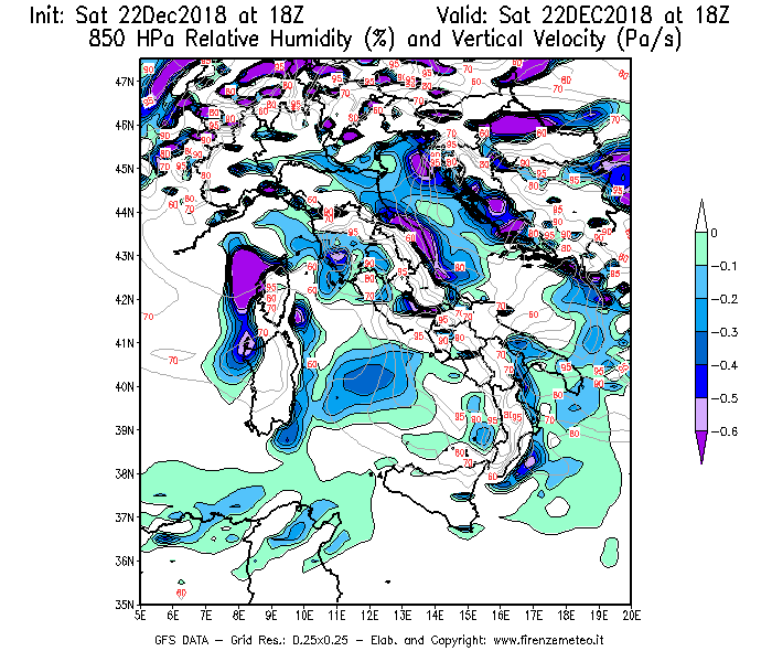 Mappa di analisi GFS - Umidità relativa [%] e Omega [Pa/s] a 850 hPa in Italia
									del 22/12/2018 18 <!--googleoff: index-->UTC<!--googleon: index-->