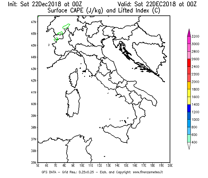 Mappa di analisi GFS - CAPE [J/kg] e Lifted Index [°C] in Italia
									del 22/12/2018 00 <!--googleoff: index-->UTC<!--googleon: index-->