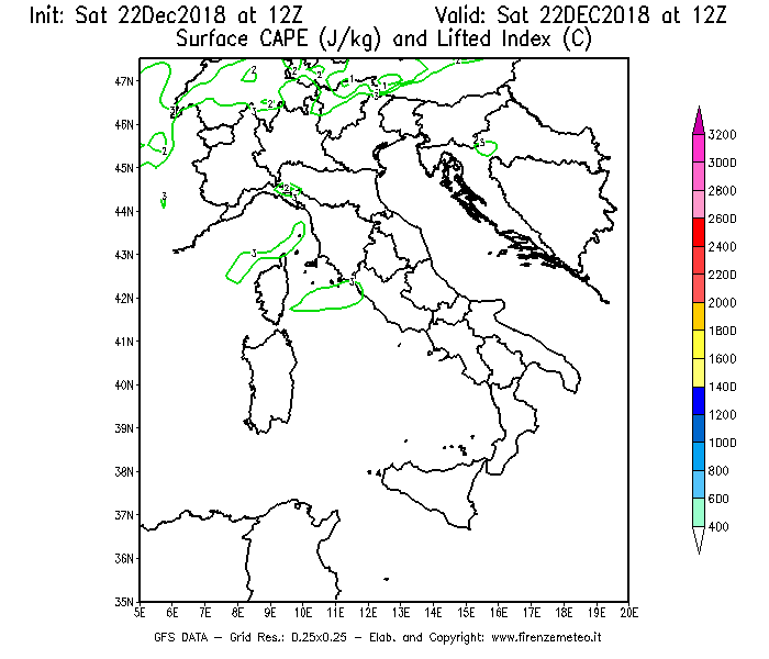 Mappa di analisi GFS - CAPE [J/kg] e Lifted Index [°C] in Italia
									del 22/12/2018 12 <!--googleoff: index-->UTC<!--googleon: index-->