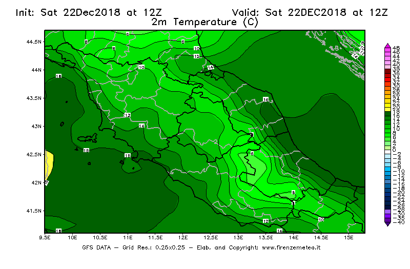 Mappa di analisi GFS - Temperatura a 2 metri dal suolo [°C] in Centro-Italia
									del 22/12/2018 12 <!--googleoff: index-->UTC<!--googleon: index-->