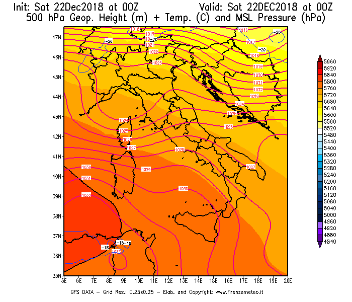 Mappa di analisi GFS - Geopotenziale [m] + Temp. [°C] a 500 hPa + Press. a livello del mare [hPa] in Italia
									del 22/12/2018 00 <!--googleoff: index-->UTC<!--googleon: index-->