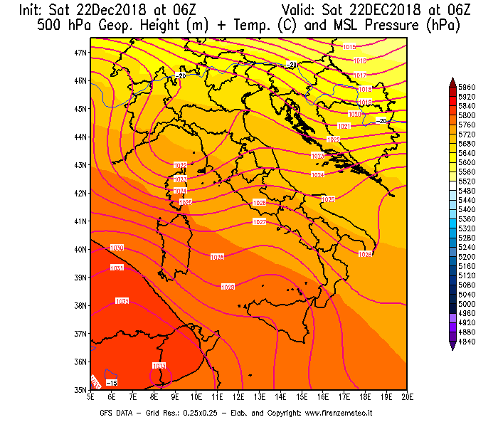 Mappa di analisi GFS - Geopotenziale [m] + Temp. [°C] a 500 hPa + Press. a livello del mare [hPa] in Italia
									del 22/12/2018 06 <!--googleoff: index-->UTC<!--googleon: index-->