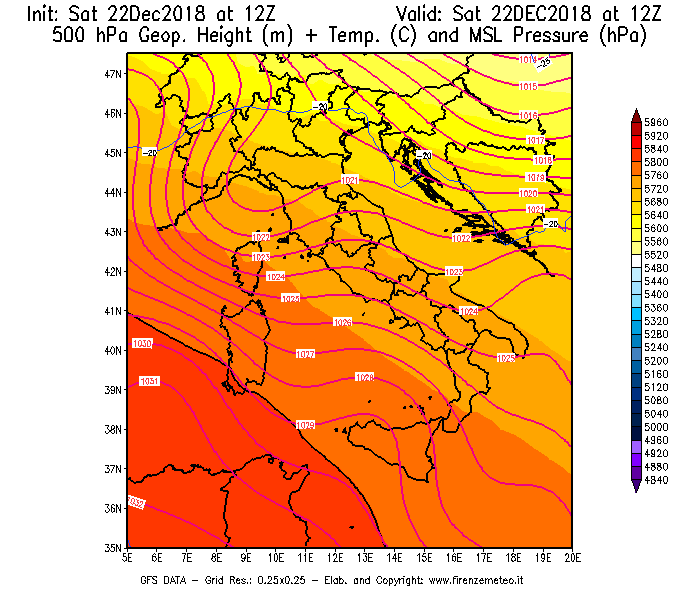 Mappa di analisi GFS - Geopotenziale [m] + Temp. [°C] a 500 hPa + Press. a livello del mare [hPa] in Italia
									del 22/12/2018 12 <!--googleoff: index-->UTC<!--googleon: index-->