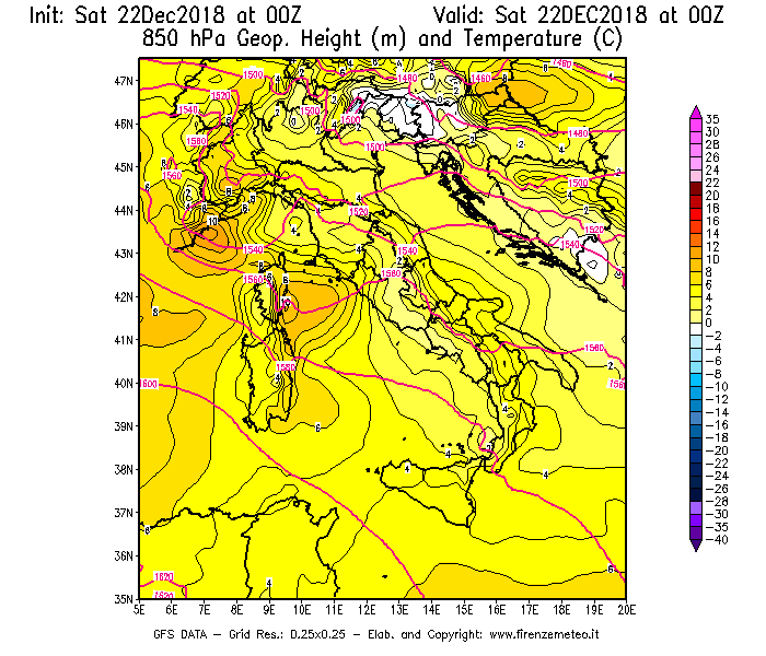 Mappa di analisi GFS - Geopotenziale [m] e Temperatura [°C] a 850 hPa in Italia
									del 22/12/2018 00 <!--googleoff: index-->UTC<!--googleon: index-->
