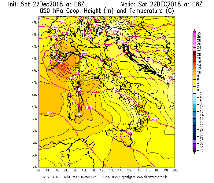 Mappa di analisi GFS - Geopotenziale [m] e Temperatura [°C] a 850 hPa in Italia
									del 22/12/2018 06 <!--googleoff: index-->UTC<!--googleon: index-->