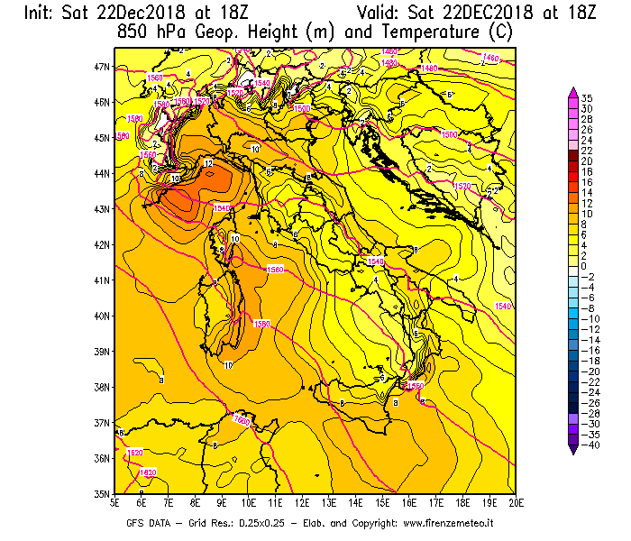 Mappa di analisi GFS - Geopotenziale [m] e Temperatura [°C] a 850 hPa in Italia
									del 22/12/2018 18 <!--googleoff: index-->UTC<!--googleon: index-->