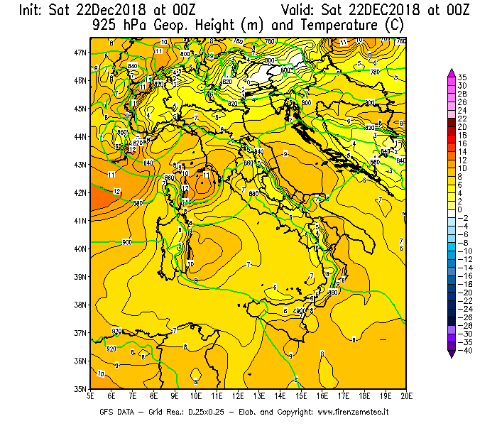 Mappa di analisi GFS - Geopotenziale [m] e Temperatura [°C] a 925 hPa in Italia
									del 22/12/2018 00 <!--googleoff: index-->UTC<!--googleon: index-->
