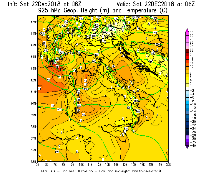 Mappa di analisi GFS - Geopotenziale [m] e Temperatura [°C] a 925 hPa in Italia
									del 22/12/2018 06 <!--googleoff: index-->UTC<!--googleon: index-->