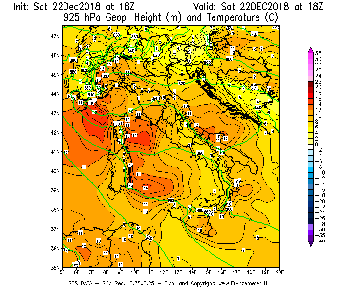 Mappa di analisi GFS - Geopotenziale [m] e Temperatura [°C] a 925 hPa in Italia
									del 22/12/2018 18 <!--googleoff: index-->UTC<!--googleon: index-->