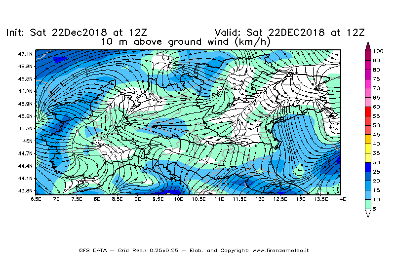 Mappa di analisi GFS - Velocità del vento a 10 metri dal suolo [km/h] in Nord-Italia
									del 22/12/2018 12 <!--googleoff: index-->UTC<!--googleon: index-->