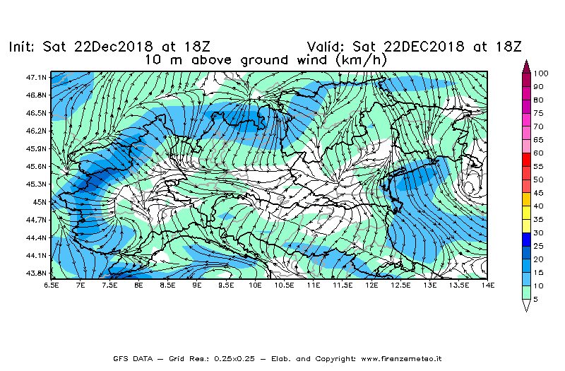 Mappa di analisi GFS - Velocità del vento a 10 metri dal suolo [km/h] in Nord-Italia
									del 22/12/2018 18 <!--googleoff: index-->UTC<!--googleon: index-->