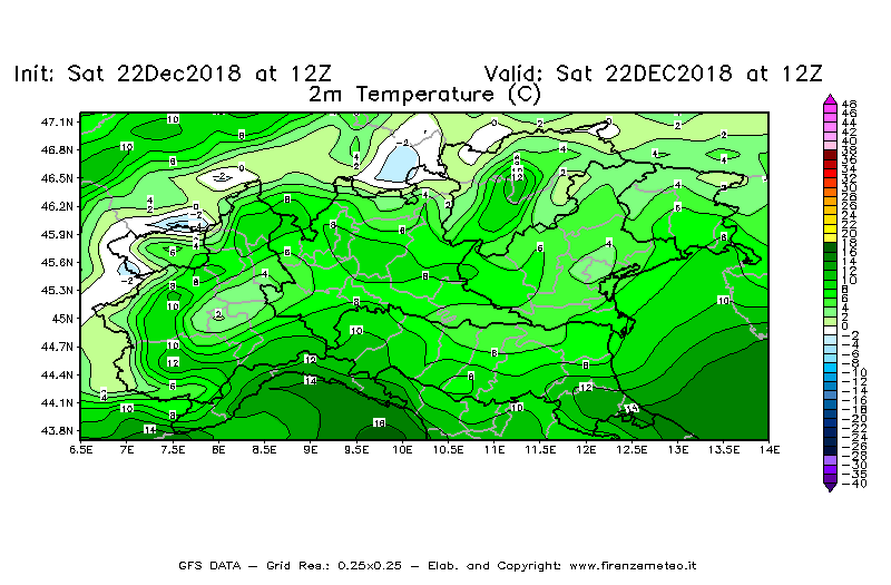 Mappa di analisi GFS - Temperatura a 2 metri dal suolo [°C] in Nord-Italia
									del 22/12/2018 12 <!--googleoff: index-->UTC<!--googleon: index-->