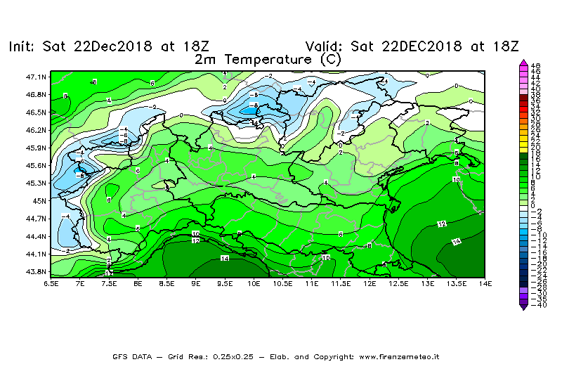 Mappa di analisi GFS - Temperatura a 2 metri dal suolo [°C] in Nord-Italia
									del 22/12/2018 18 <!--googleoff: index-->UTC<!--googleon: index-->