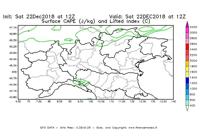 Mappa di analisi GFS - CAPE [J/kg] e Lifted Index [°C] in Nord-Italia
									del 22/12/2018 12 <!--googleoff: index-->UTC<!--googleon: index-->