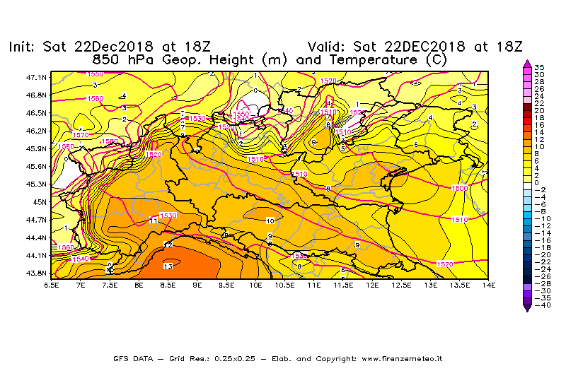 Mappa di analisi GFS - Geopotenziale [m] e Temperatura [°C] a 850 hPa in Nord-Italia
									del 22/12/2018 18 <!--googleoff: index-->UTC<!--googleon: index-->
