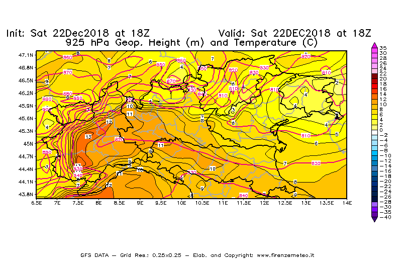 Mappa di analisi GFS - Geopotenziale [m] e Temperatura [°C] a 925 hPa in Nord-Italia
									del 22/12/2018 18 <!--googleoff: index-->UTC<!--googleon: index-->