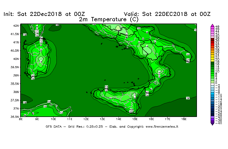 Mappa di analisi GFS - Temperatura a 2 metri dal suolo [°C] in Sud-Italia
									del 22/12/2018 00 <!--googleoff: index-->UTC<!--googleon: index-->