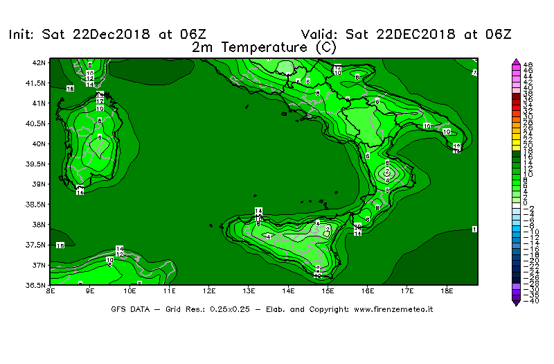 Mappa di analisi GFS - Temperatura a 2 metri dal suolo [°C] in Sud-Italia
									del 22/12/2018 06 <!--googleoff: index-->UTC<!--googleon: index-->