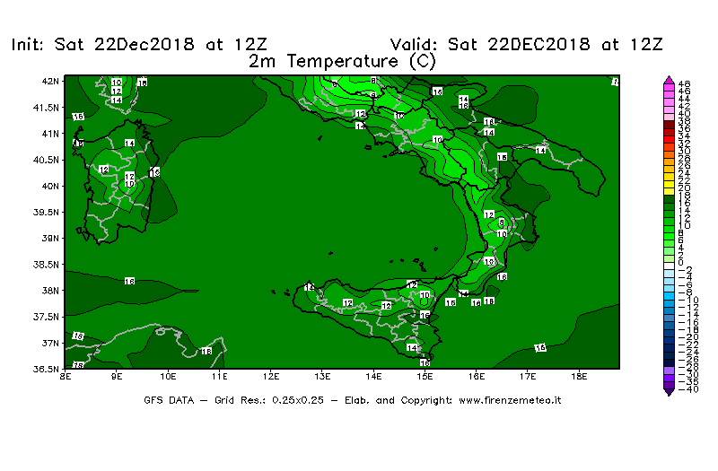 Mappa di analisi GFS - Temperatura a 2 metri dal suolo [°C] in Sud-Italia
									del 22/12/2018 12 <!--googleoff: index-->UTC<!--googleon: index-->