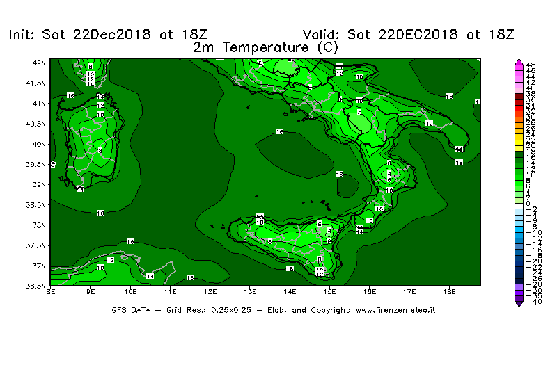 Mappa di analisi GFS - Temperatura a 2 metri dal suolo [°C] in Sud-Italia
									del 22/12/2018 18 <!--googleoff: index-->UTC<!--googleon: index-->