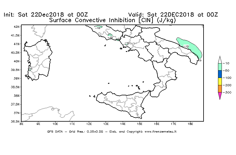 Mappa di analisi GFS - CIN [J/kg] in Sud-Italia
									del 22/12/2018 00 <!--googleoff: index-->UTC<!--googleon: index-->