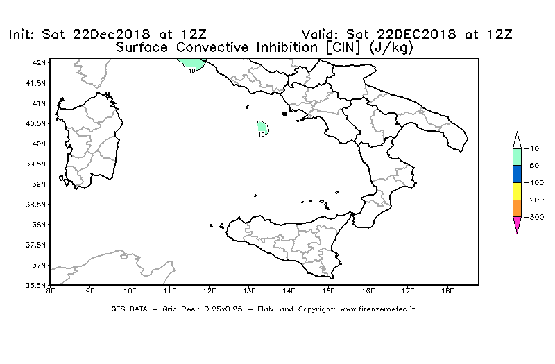 Mappa di analisi GFS - CIN [J/kg] in Sud-Italia
									del 22/12/2018 12 <!--googleoff: index-->UTC<!--googleon: index-->