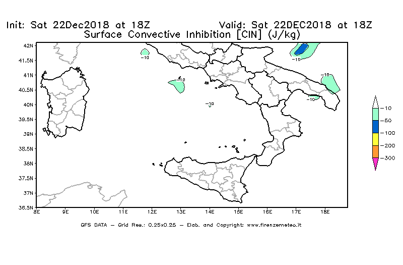 Mappa di analisi GFS - CIN [J/kg] in Sud-Italia
									del 22/12/2018 18 <!--googleoff: index-->UTC<!--googleon: index-->