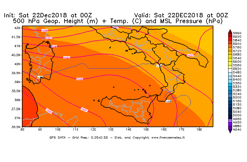 Mappa di analisi GFS - Geopotenziale [m] + Temp. [°C] a 500 hPa + Press. a livello del mare [hPa] in Sud-Italia
									del 22/12/2018 00 <!--googleoff: index-->UTC<!--googleon: index-->
