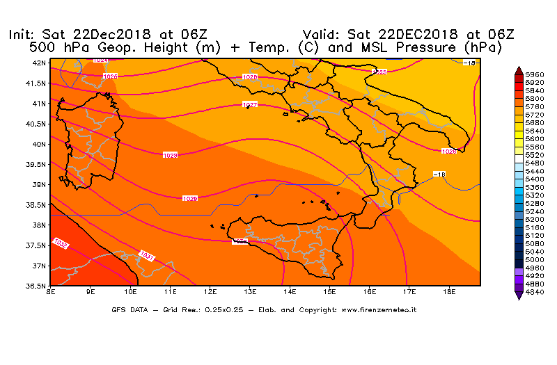 Mappa di analisi GFS - Geopotenziale [m] + Temp. [°C] a 500 hPa + Press. a livello del mare [hPa] in Sud-Italia
									del 22/12/2018 06 <!--googleoff: index-->UTC<!--googleon: index-->