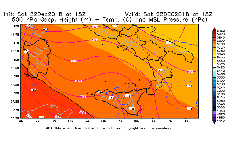 Mappa di analisi GFS - Geopotenziale [m] + Temp. [°C] a 500 hPa + Press. a livello del mare [hPa] in Sud-Italia
									del 22/12/2018 18 <!--googleoff: index-->UTC<!--googleon: index-->