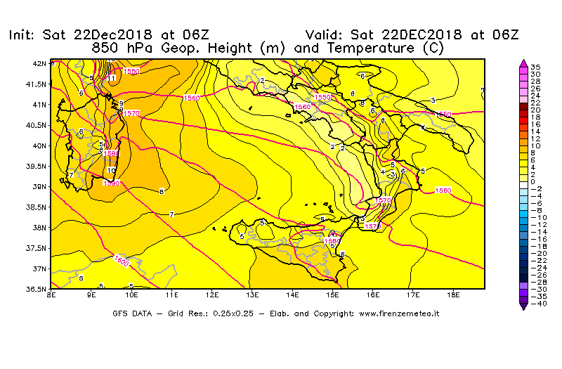 Mappa di analisi GFS - Geopotenziale [m] e Temperatura [°C] a 850 hPa in Sud-Italia
									del 22/12/2018 06 <!--googleoff: index-->UTC<!--googleon: index-->