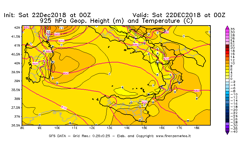 Mappa di analisi GFS - Geopotenziale [m] e Temperatura [°C] a 925 hPa in Sud-Italia
									del 22/12/2018 00 <!--googleoff: index-->UTC<!--googleon: index-->