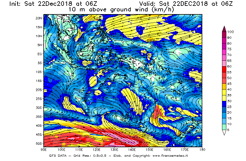 Mappa di analisi GFS - Velocità del vento a 10 metri dal suolo [km/h] in Oceania
									del 22/12/2018 06 <!--googleoff: index-->UTC<!--googleon: index-->