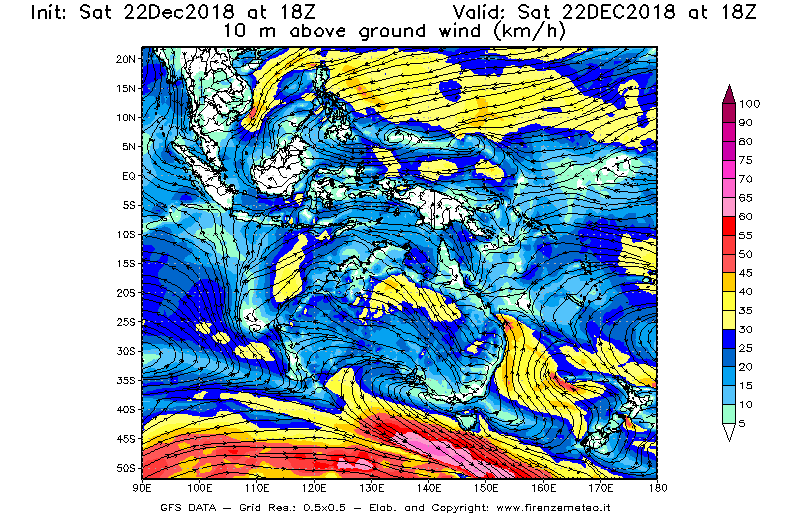 Mappa di analisi GFS - Velocità del vento a 10 metri dal suolo [km/h] in Oceania
									del 22/12/2018 18 <!--googleoff: index-->UTC<!--googleon: index-->