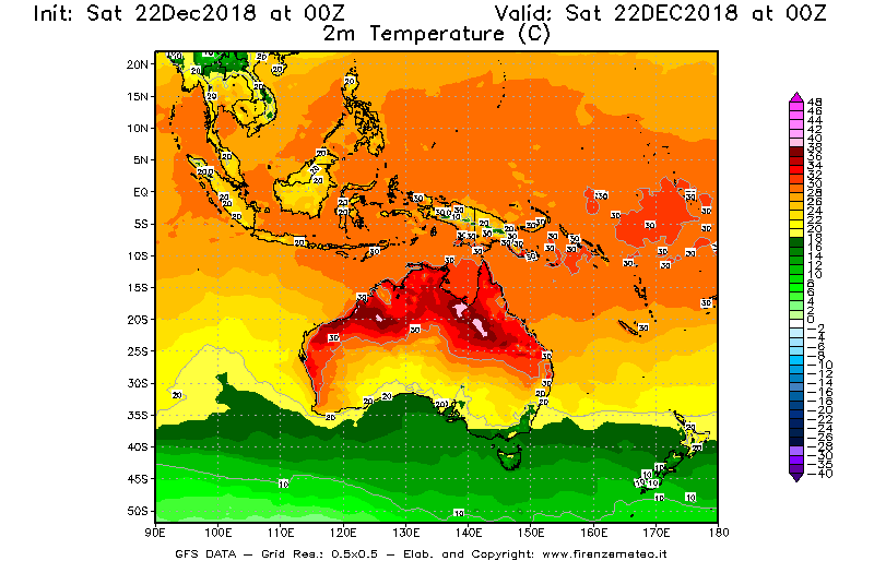 Mappa di analisi GFS - Temperatura a 2 metri dal suolo [°C] in Oceania
									del 22/12/2018 00 <!--googleoff: index-->UTC<!--googleon: index-->