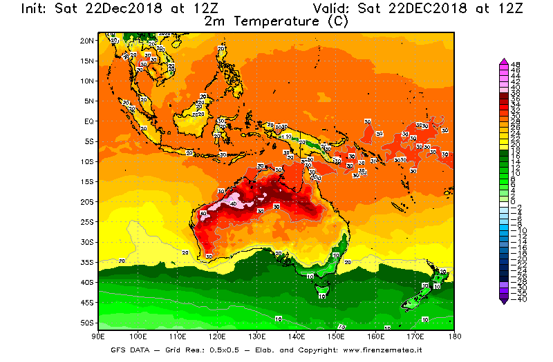 Mappa di analisi GFS - Temperatura a 2 metri dal suolo [°C] in Oceania
									del 22/12/2018 12 <!--googleoff: index-->UTC<!--googleon: index-->