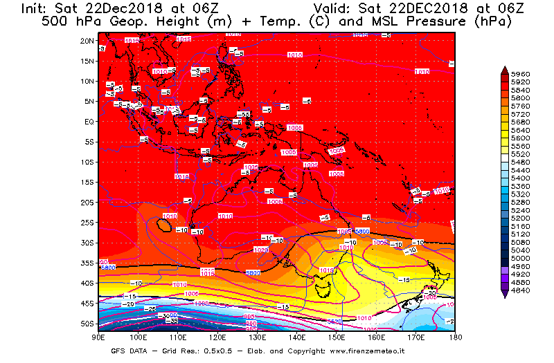 Mappa di analisi GFS - Geopotenziale [m] + Temp. [°C] a 500 hPa + Press. a livello del mare [hPa] in Oceania
									del 22/12/2018 06 <!--googleoff: index-->UTC<!--googleon: index-->
