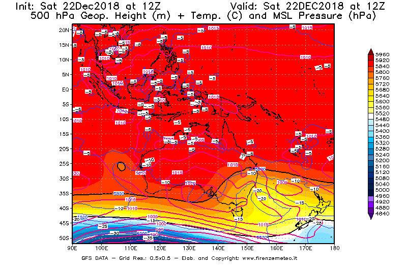 Mappa di analisi GFS - Geopotenziale [m] + Temp. [°C] a 500 hPa + Press. a livello del mare [hPa] in Oceania
									del 22/12/2018 12 <!--googleoff: index-->UTC<!--googleon: index-->
