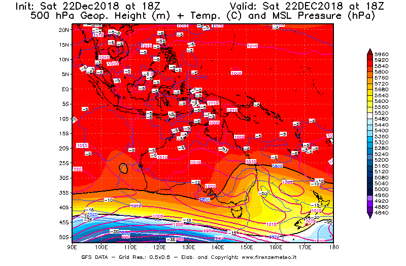 Mappa di analisi GFS - Geopotenziale [m] + Temp. [°C] a 500 hPa + Press. a livello del mare [hPa] in Oceania
									del 22/12/2018 18 <!--googleoff: index-->UTC<!--googleon: index-->