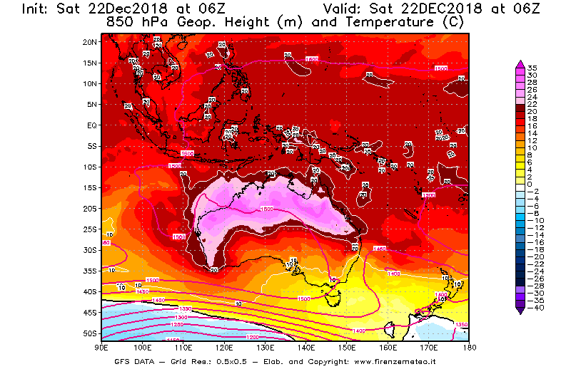 Mappa di analisi GFS - Geopotenziale [m] e Temperatura [°C] a 850 hPa in Oceania
									del 22/12/2018 06 <!--googleoff: index-->UTC<!--googleon: index-->