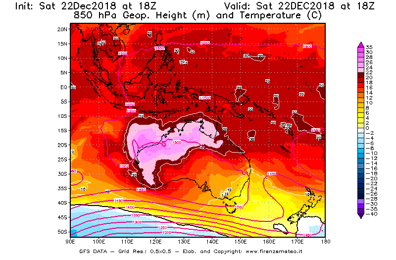 Mappa di analisi GFS - Geopotenziale [m] e Temperatura [°C] a 850 hPa in Oceania
									del 22/12/2018 18 <!--googleoff: index-->UTC<!--googleon: index-->
