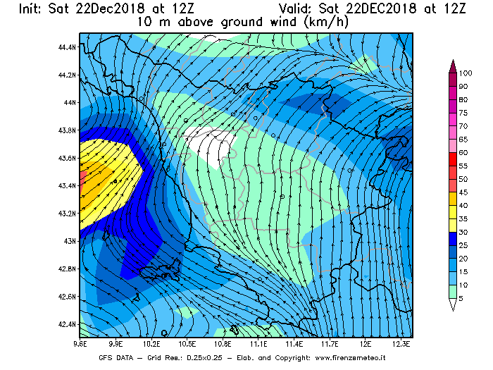 Mappa di analisi GFS - Velocità del vento a 10 metri dal suolo [km/h] in Toscana
									del 22/12/2018 12 <!--googleoff: index-->UTC<!--googleon: index-->
