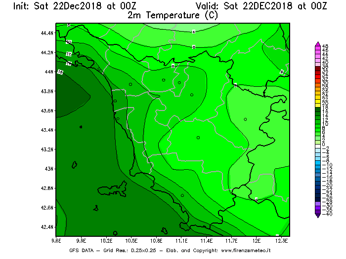 Mappa di analisi GFS - Temperatura a 2 metri dal suolo [°C] in Toscana
									del 22/12/2018 00 <!--googleoff: index-->UTC<!--googleon: index-->