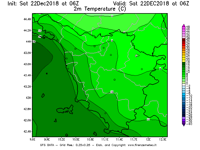 Mappa di analisi GFS - Temperatura a 2 metri dal suolo [°C] in Toscana
									del 22/12/2018 06 <!--googleoff: index-->UTC<!--googleon: index-->