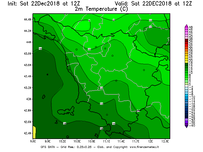 Mappa di analisi GFS - Temperatura a 2 metri dal suolo [°C] in Toscana
									del 22/12/2018 12 <!--googleoff: index-->UTC<!--googleon: index-->