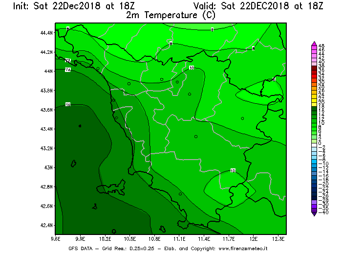Mappa di analisi GFS - Temperatura a 2 metri dal suolo [°C] in Toscana
									del 22/12/2018 18 <!--googleoff: index-->UTC<!--googleon: index-->
