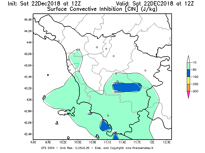 Mappa di analisi GFS - CIN [J/kg] in Toscana
									del 22/12/2018 12 <!--googleoff: index-->UTC<!--googleon: index-->