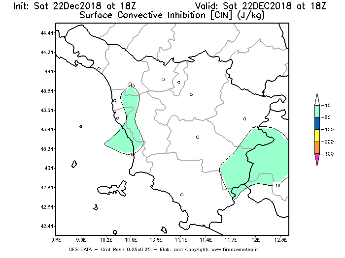 Mappa di analisi GFS - CIN [J/kg] in Toscana
									del 22/12/2018 18 <!--googleoff: index-->UTC<!--googleon: index-->